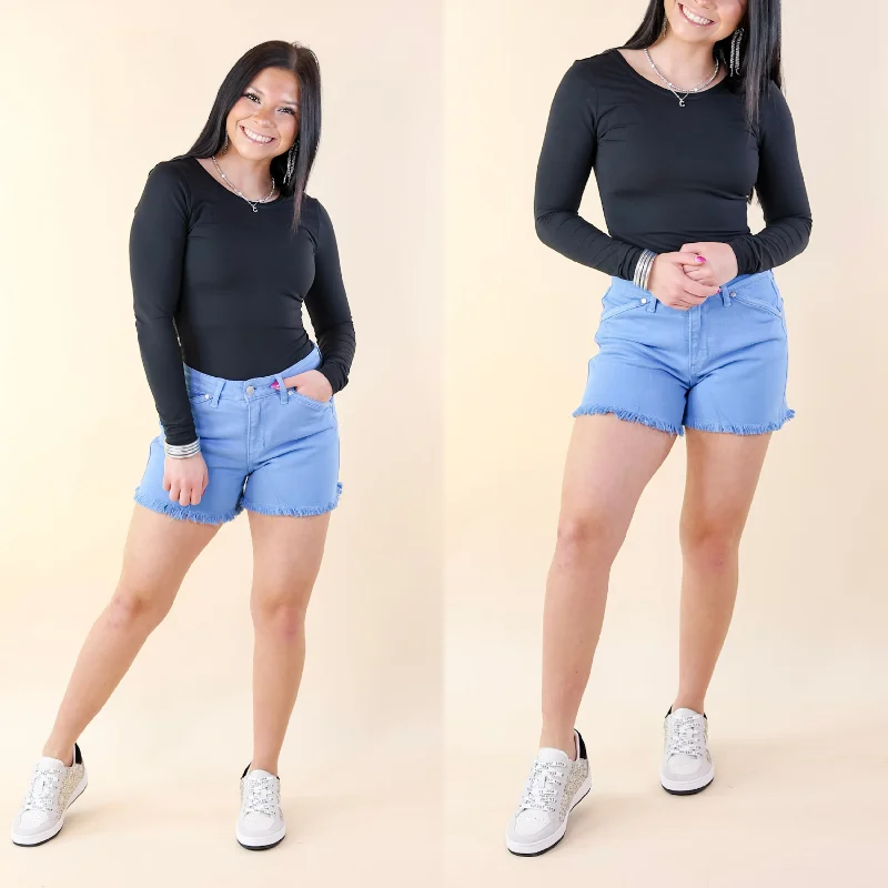 Judy Blue | Sunlight Spectrum Garment Dyed Fray Hem Shorts in Sky Blue Wash