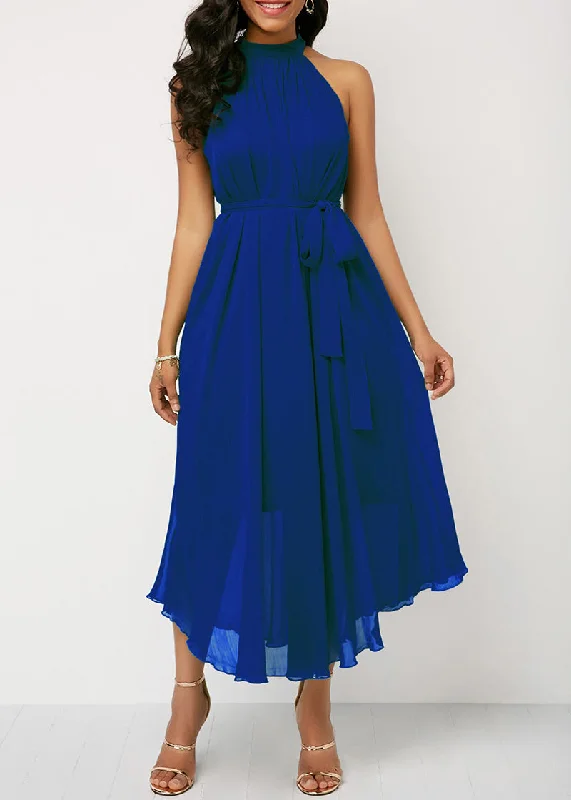 Halter Neck Strapless Chiffon Pleated Loose Off Shoulder Midi Dress