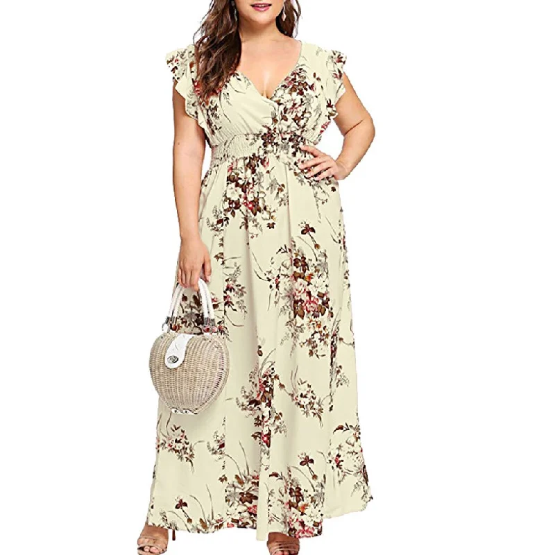 Plus Size V Neck Floral Print Boho Sleeveless Dress