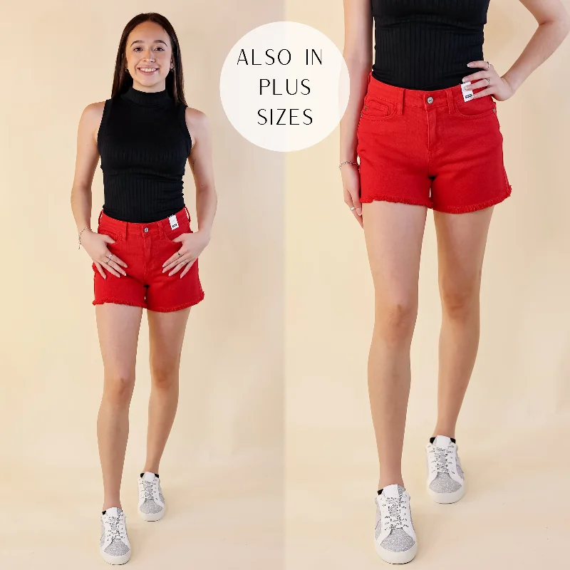 Last Chance Size Large, 1XL & 2XL | Judy Blue | Sunlight Spectrum Garment Dyed Fray Hem Shorts in Red Wash