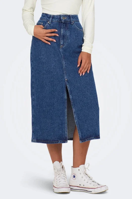 Siri Front Slit Denim Skirt in Medium Blue