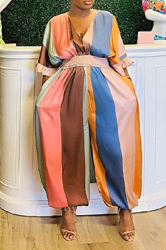 Multicolor Vertical Striped Oversized V Neck Jumpsuit