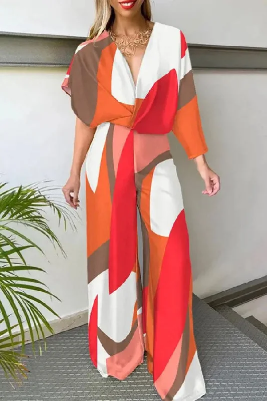 Graphic Print Stylish Asymmetrical Sleeve Jumpsuit