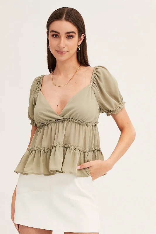 Green Frill Detail V Neck Boxy Top