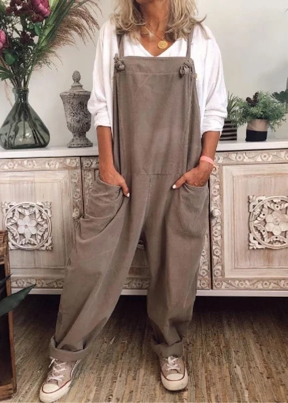 Loose Khaki Pockets Solid Cotton Jumpsuit Sleeveless