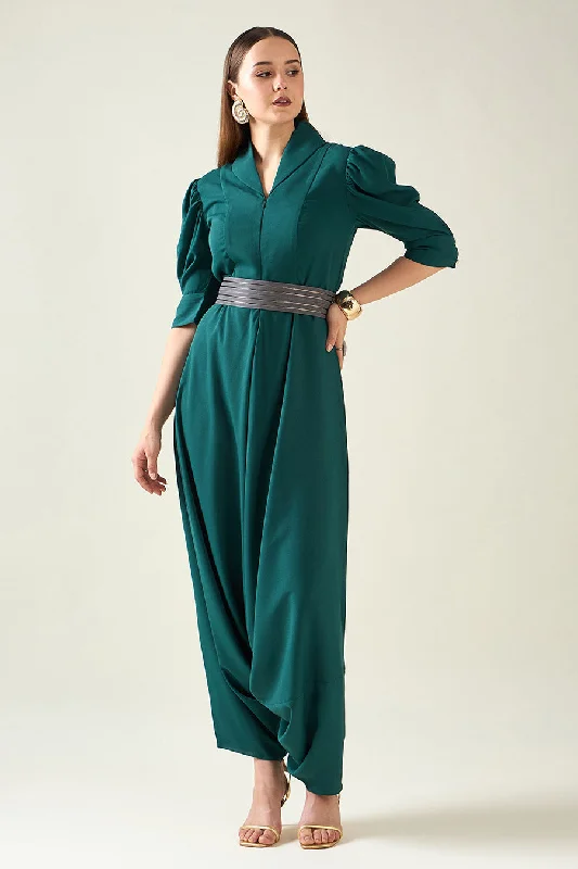 Green Alloy Jumpsuit With Metallic Finish Belt