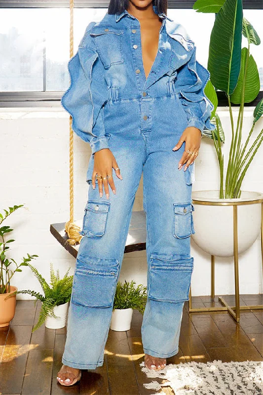 Blue Bright Patch Pocket Single Breasted Jumpsuit