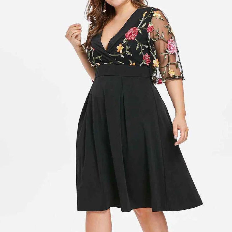 Floral Short Sleeve Lace Hollow out V Neck Dress