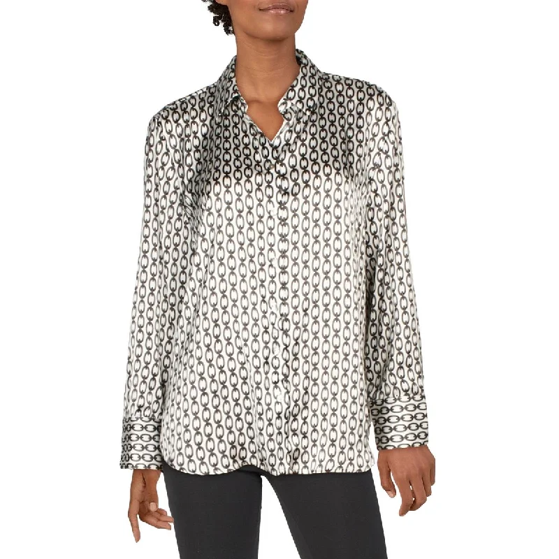 Womens Collared Chain Print Button-Down Top