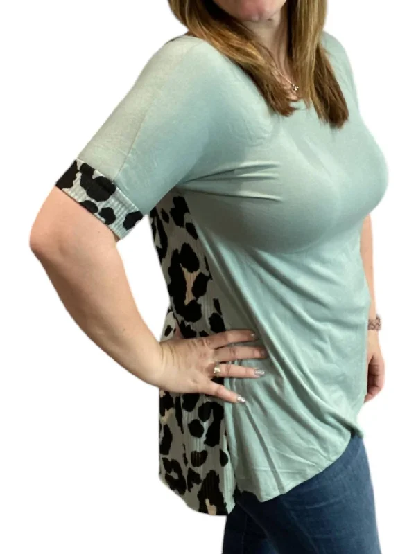 Leopard Back Top In Sage Green