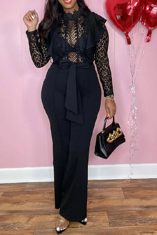 Black Sheer Lace Patchwork Romantic Ruffles Jumpsuit