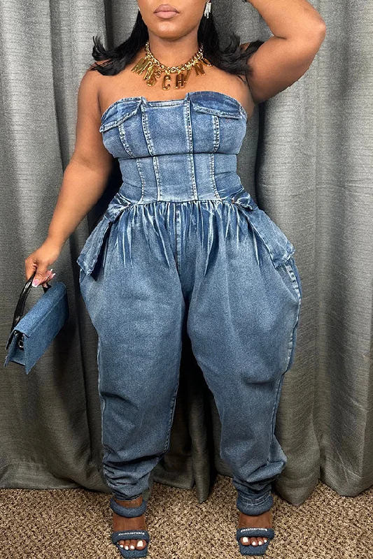 Blue Strapless Party Washed Denim Jumpsuit