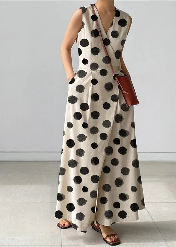 Chic Apricot polka dots V Neck Button Pockets Jumpsuit Pants Summer