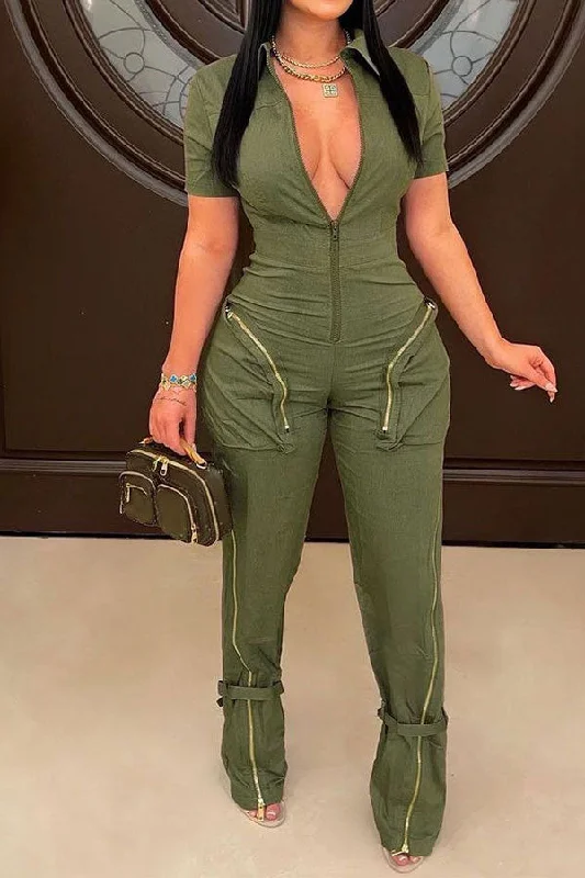 Solid Color Boyish Zipped Design Pocket Jumpsuit