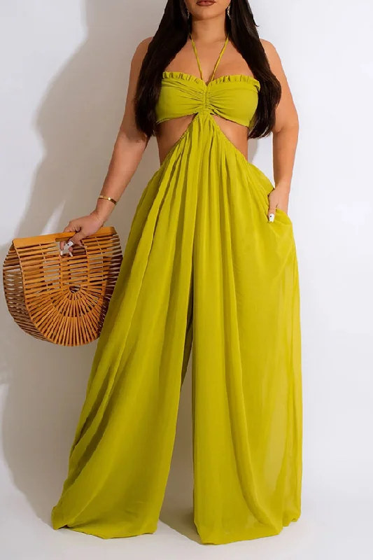 Solid Color Rocking Open Back Wide Leg Jumpsuit