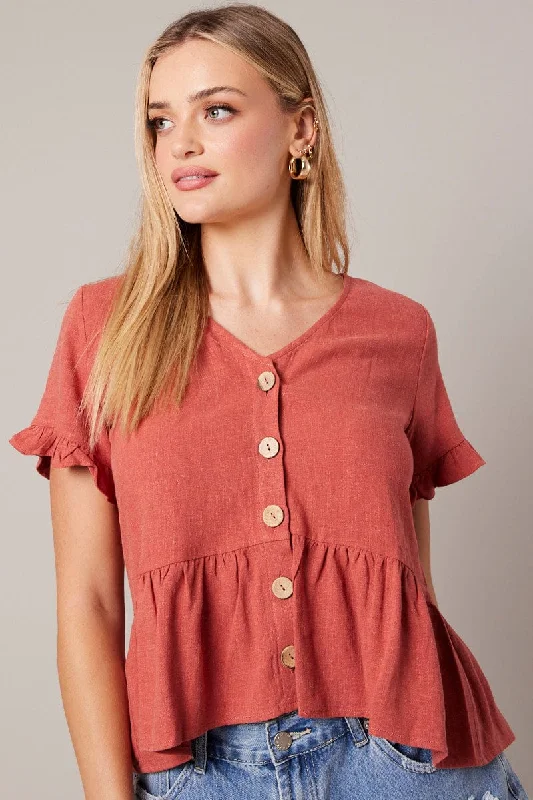 Brown Button Up Top V-Neck Frill Hem Top Linen