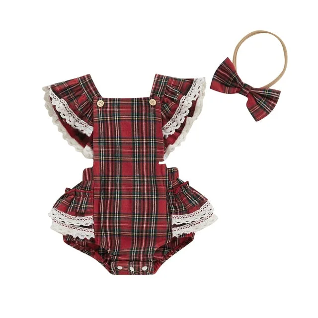 LISBETH Plaid Crochet Ruffle Romper with Headband