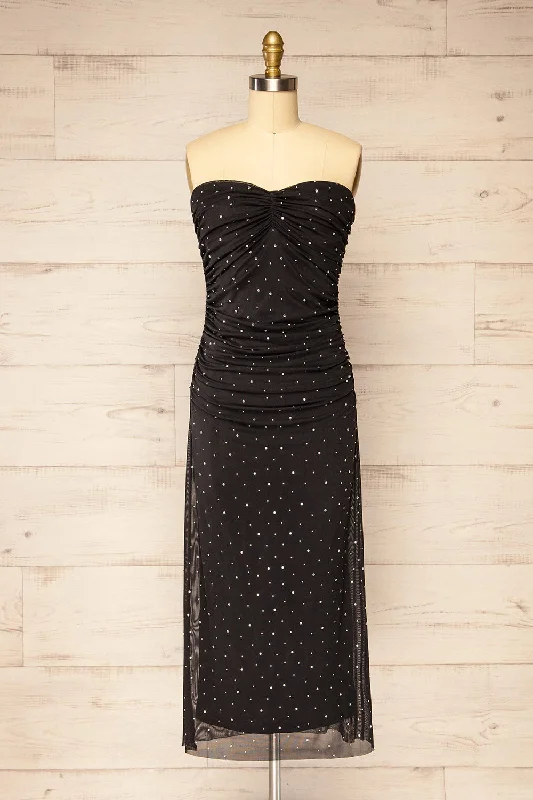 Ensenada | Black Fitted Ruched Midi Dress w/ Crystals Elegant Style