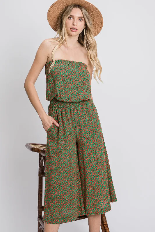 GREEN FLORAL STRAPLESS SIDE POCKETS JUMPSUIT SOIN2022R