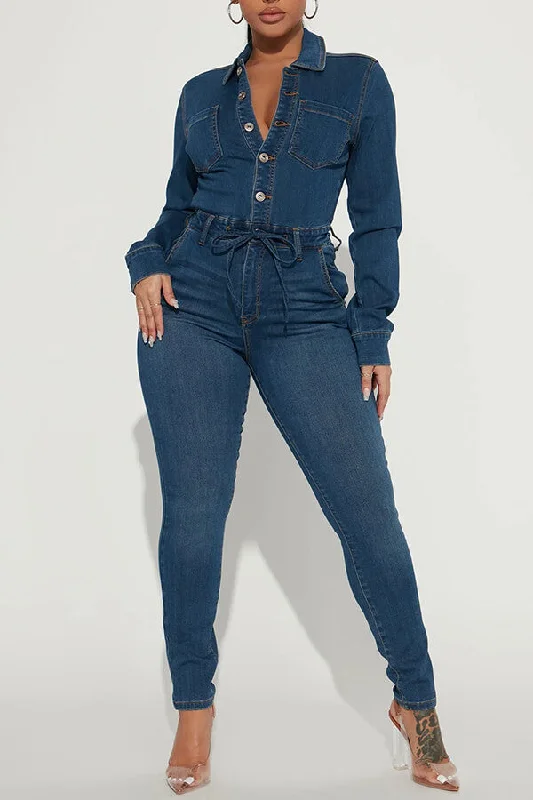 Solid Color Feminine Drawstring Bodycon Denim Jumpsuit