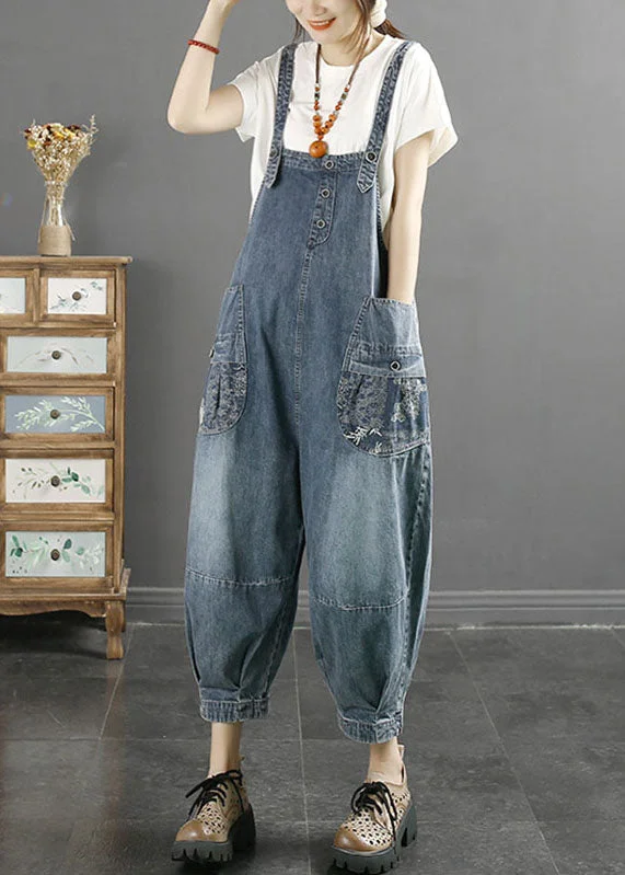 Stylish Denim Blue Slash Neck Print Patchwork Harem Jumpsuit Sleeveless