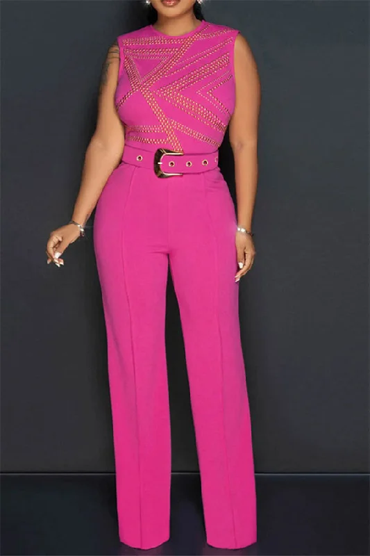 Rhinestone Elegant Belted Wide Leg Jumpsuit