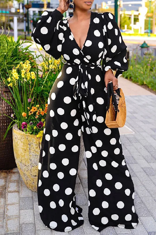 Polka Dot Plunging Commuting Belted Wide Leg Jumpsuit