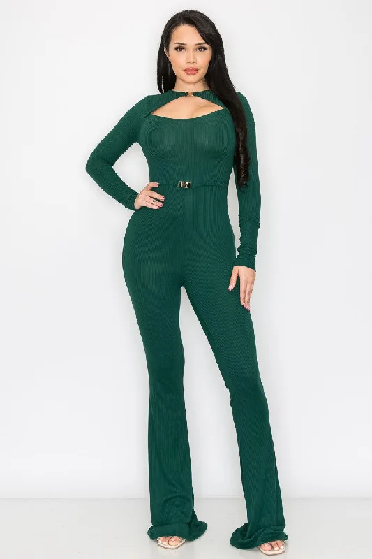 HUNTER GREEN BLUSH RIB BUCKLE WAIST DETAILED JUMPSUIT SP9792J