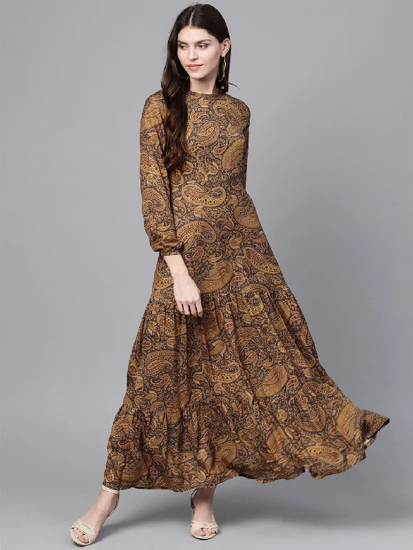 Trendy Clothing Sale Brown Paisley Tiered Maxi