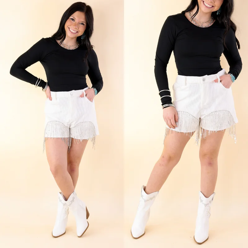 Saddle Up Crystal Fringe Corduroy Shorts in Ivory