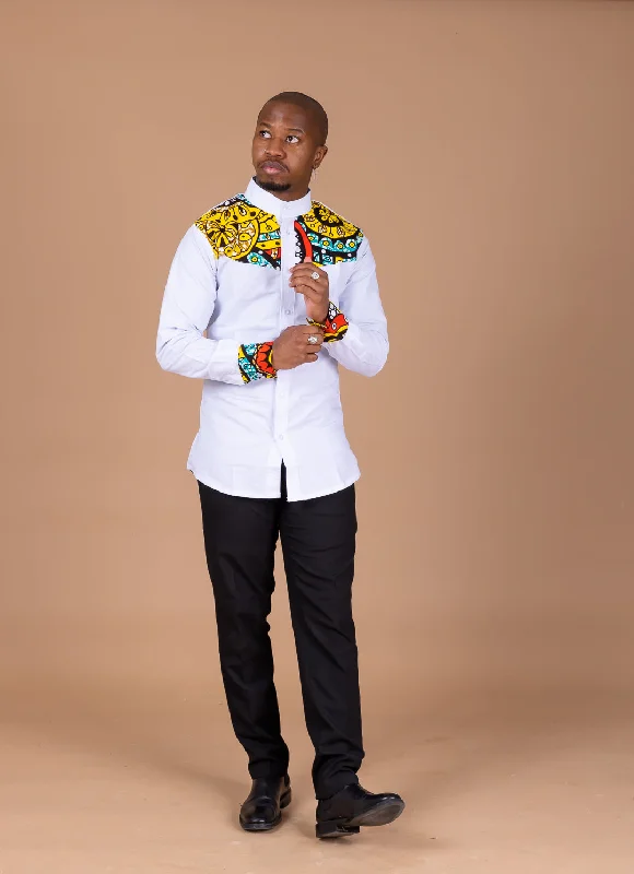 Sarki Mixed Print Men Shirt | White and Ankara African Print Exquisite Craftsmanship