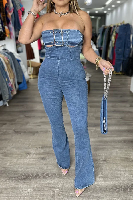 Blue Strapless Buckled Design Cutout Chic Denim Jumpsuit