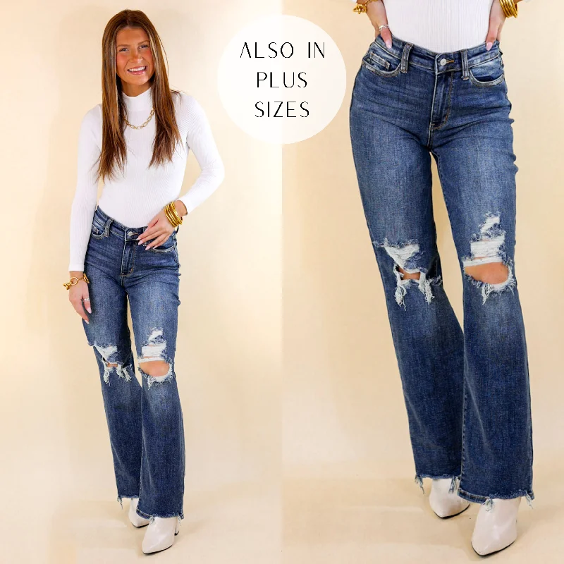 Last Chance Size 18W | Judy Blue | Afternoon Date 90's Knee Destroy Straight Leg Jeans in Dark Wash