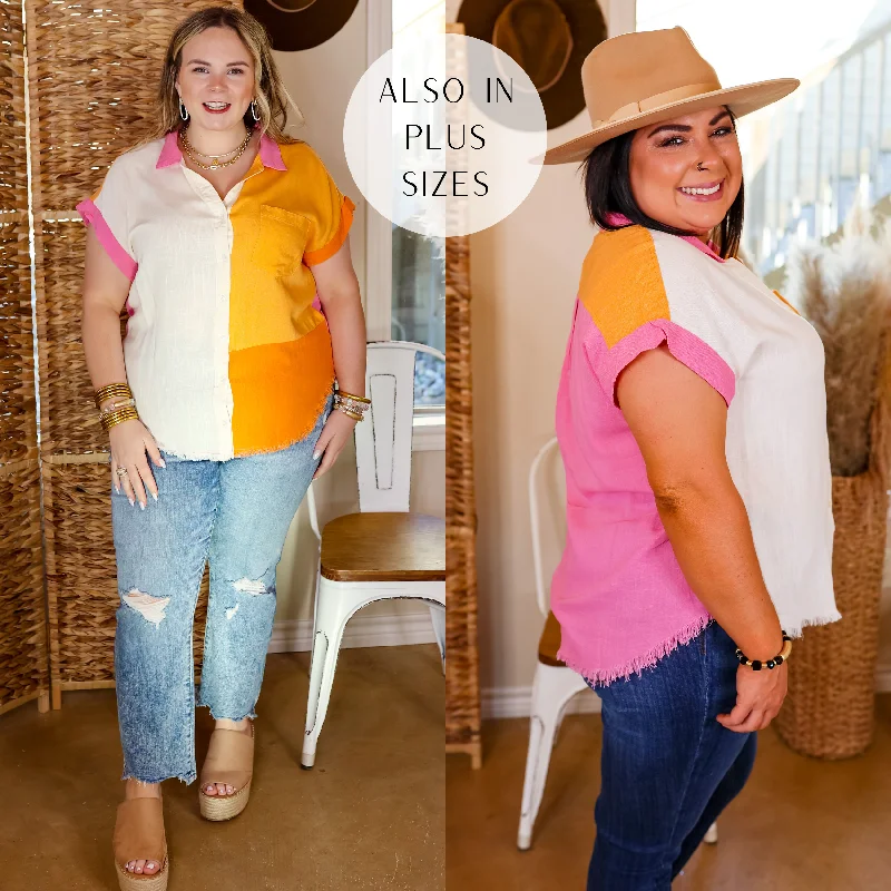 Easy On Me Button Up Color Block Linen Top in Orange and Pink