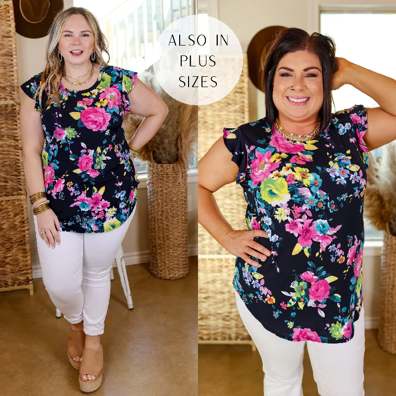 Dizzy with Desire Flutter Sleeve Floral Top in Navy