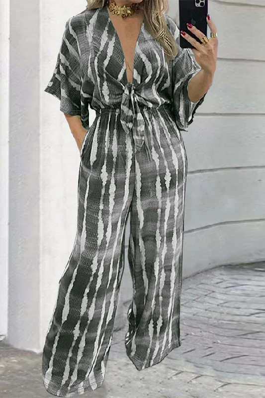 Tie Dye Feminine V Neck Tie Front Jumpsuit