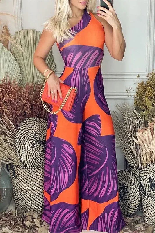 Leaf Print On-trend One Shoulder Cutout Jumpsuit