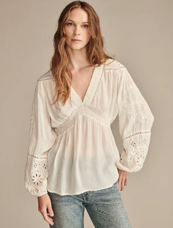 Lucky Brand Women's Long Sleeve Cutwork Smocked Top