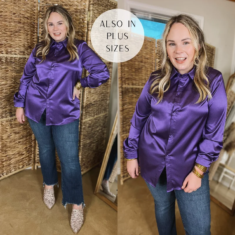 Down To Disco Satin Long Sleeve Button Up Top in Purple