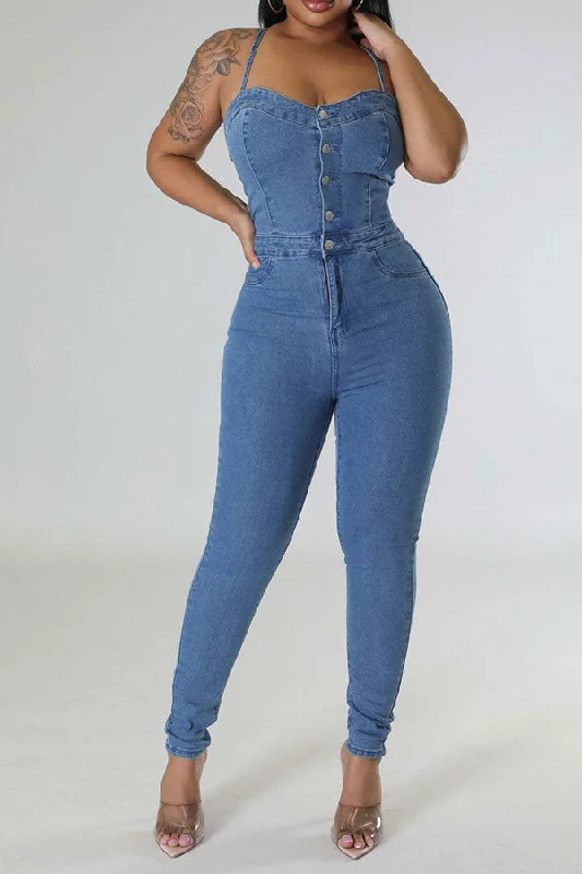 Solid Color Smart Strappy Denim Jumpsuit