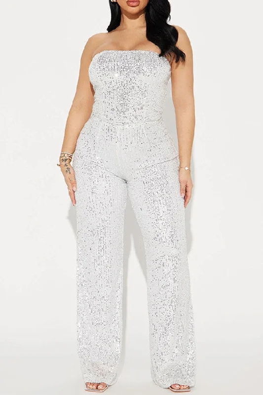 Sequin Solid Color Hot Bodycon Bandeau Jumpsuit