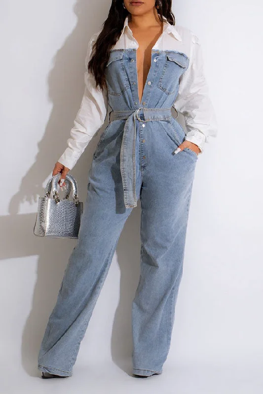 Color Block Denim Patchwork Stylish Belted Jumpsuit