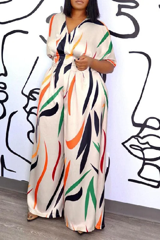 Colorful Striped V Neck Wide Leg Jumpsuit