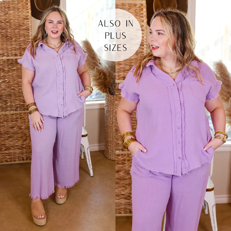 Right On Cue Button Up Raw Hem Top in Lavender Purple