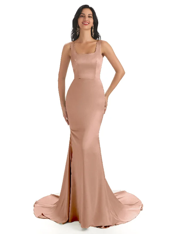 Soft Satin Unique Square Long Mermaid Formal Gown For Wedding Guest Big Savings