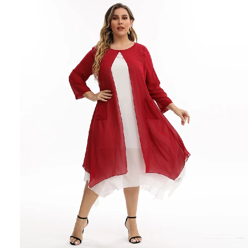 Plus Size Long Sleeve Chiffon Double Midi Dress