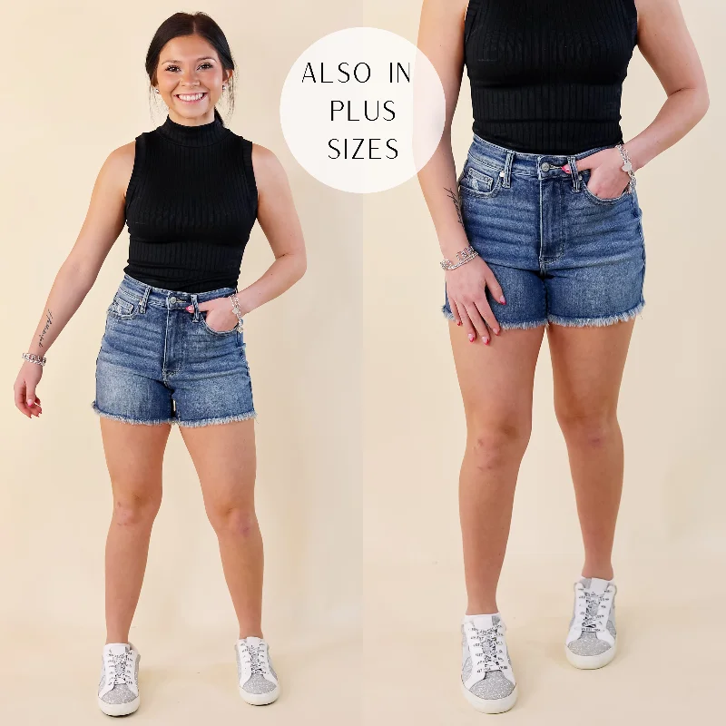 Last Chance Size Small | Judy Blue | Sunny Stride Tummy Control Fray Hem Shorts in Medium Wash