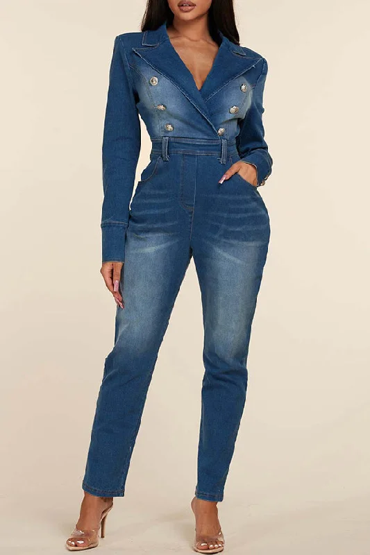 Gradient Denim Chic Peak Lapel Bodycon Jumpsuit