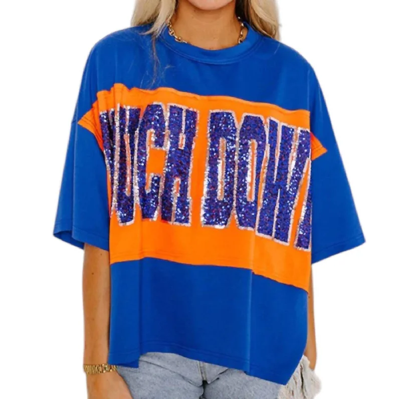 Touch Down Sequin Shirt In Blue/orange