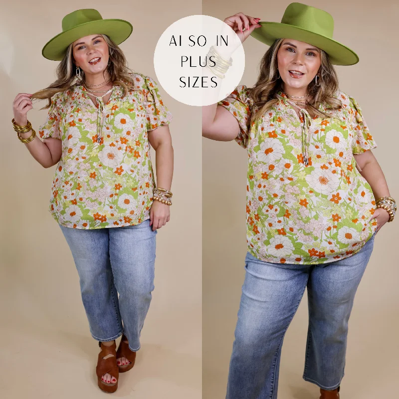 Daily Basis Front Keyhole Floral Top in Ivory and Green